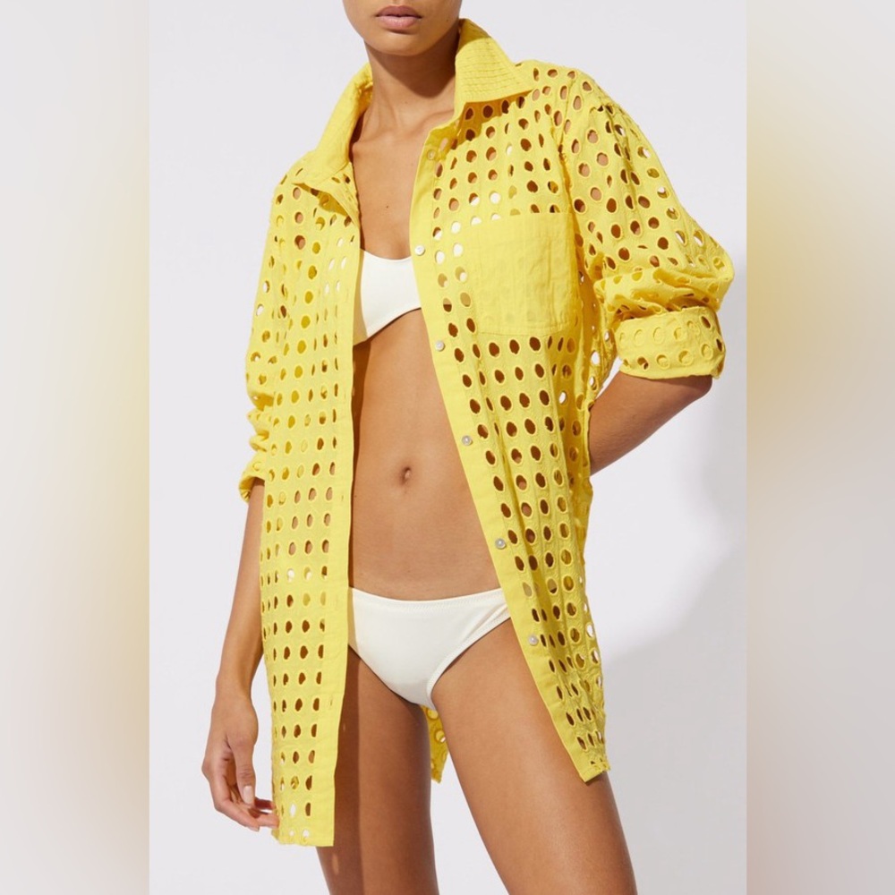 Solid & Striped Oxford Eyelet Tunic Coverup Mini Dress Long Sleeve Citron XS - Picture 3 of 15